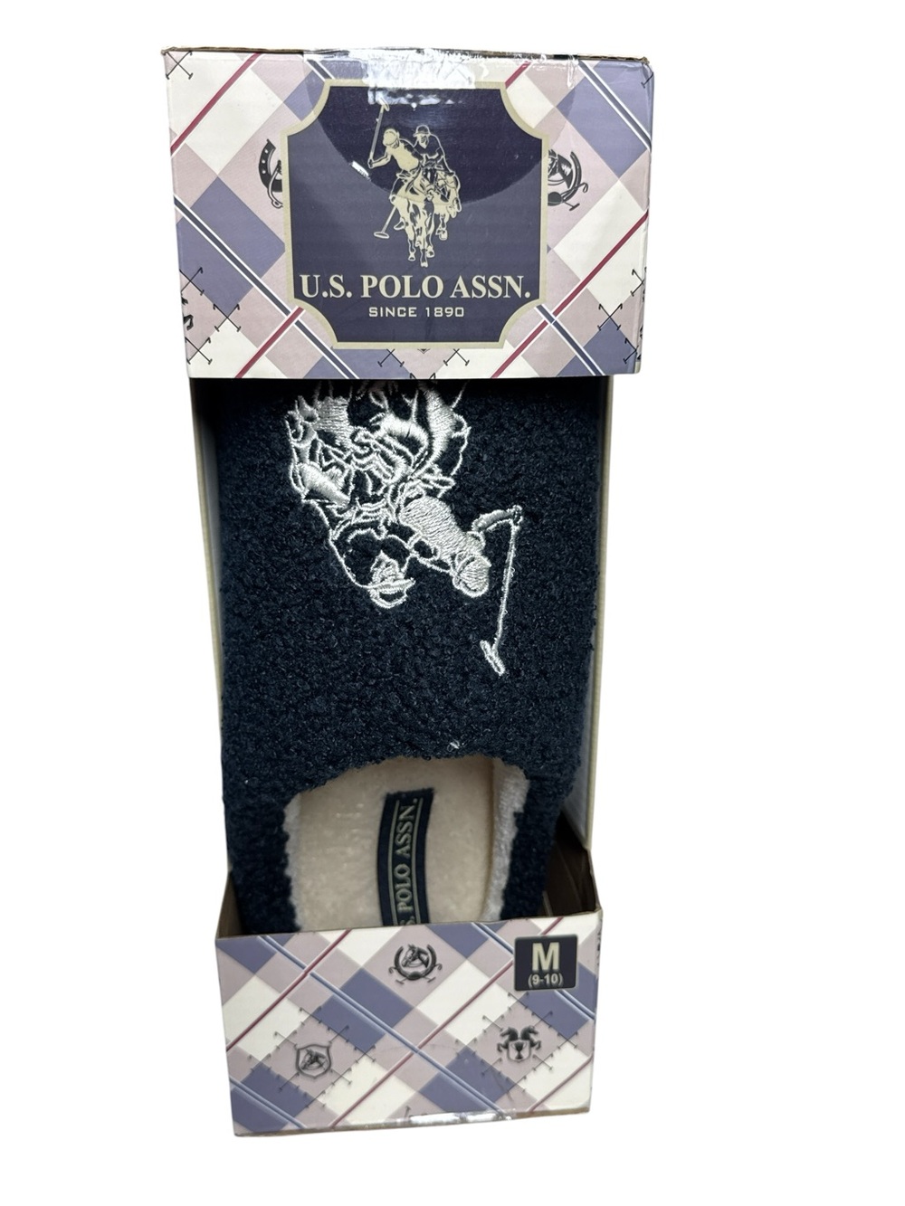 U.S. Polo Assn. Men's Plaid Tartan Faux Fur Slippers Size M (9-10) Black